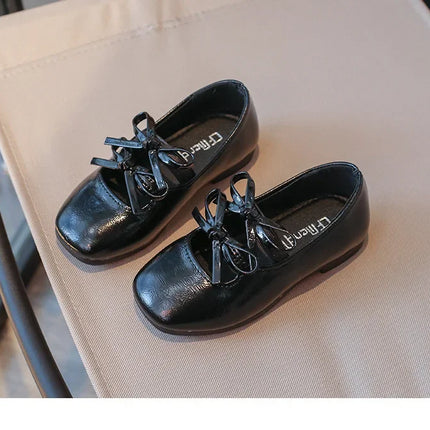 Kids Dance Performance Shoes Square Black Solid Color Girls Princess Shoe with Double Bow 2024 New Girls Leather Shoes Soft Sole