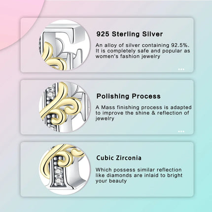 925 silver 26 letters retro fashion golden pendant fit original bracelet charm beads necklace Diy female jewelry