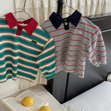 2026 Spring Children's Clothes Girls Long Sleeved T-shirts Toddler Boys Striped Tops Autumn 1-6Year Kids Polo Shirt