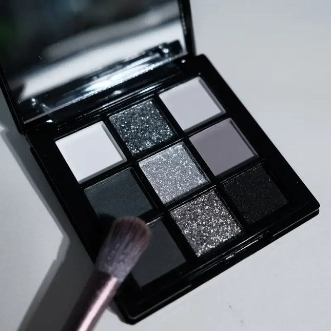 Black smoky eyeshadow palette, 9-color dark grey matte glow, perfect for stage, party and music festival eye makeup