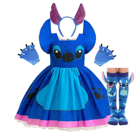 Lilo Stitch Dress Girls Disney Stitch Cartoon RolePlay Carnival Costume 2-10 Yrs Kids Cartoon Printing Halloween Party Outfits