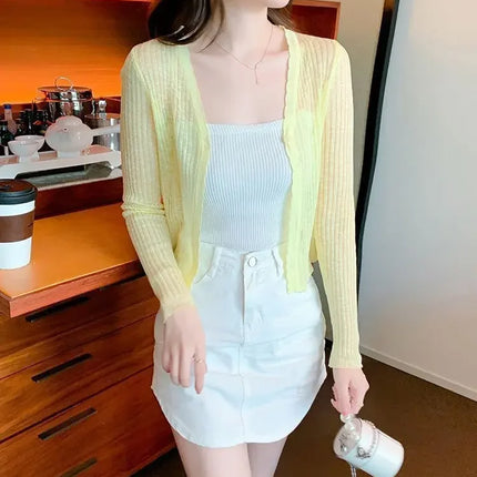 Slim Fit Knitted Long Sleeve Short Cardigan Women's Summer New Style Korean Version Thin Outerwear Pure Color Sun Protection Shi