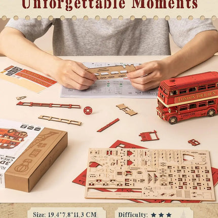 Robotime rolife London Tour Bus 3D Wooden Puzzles Wood Model Toy Car to Build Crafts Collectibles Gifts for Boys Girls