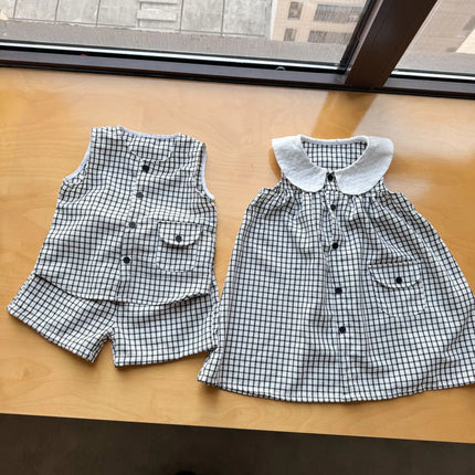 RAISE 2026 Summer Children Outfit Muslin Peter Pan Collar Kids Girls Sleeveless Dress Thin Plaid Tank Top Vest+loose Shorts Suit