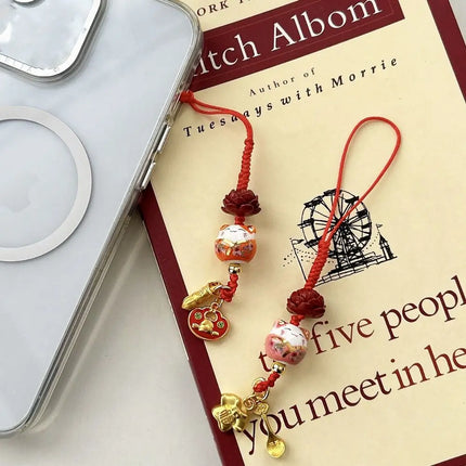 Sweet Cartoon Maneki Neko Key Chain Ceramic Ornament Lucky Cat Phone Charm Fortune Phone Lanyard Lucky Cat Phone Strap Girls