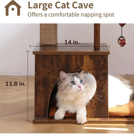 4-in-1 Large Modern Cat Tower with Scratching Post, Hammock, and Silvervine Balls, Brown Wood Climber for Indoor Cats, Retro Style