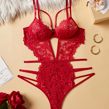 Women Red Lace Spaghetti Strap Bodysuit One Piece Sleepwear