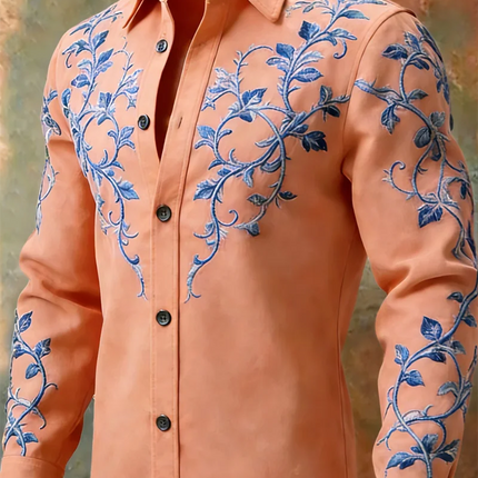 New black satin ethnic style geometric border men's long sleeved shirt retro business casual shirt clothing