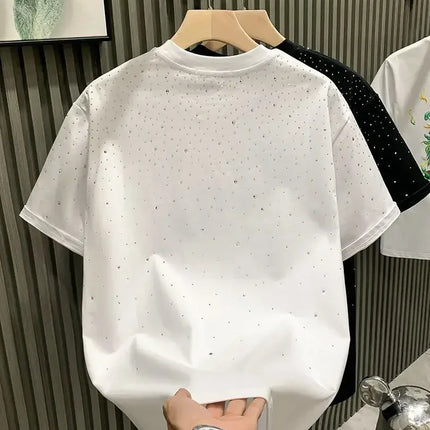Summer Rhinestone Rivet T-shirt for Men Clothing Round Neck Casual T-shirt Fashion High Street 2025 Men's Summer Short Sleeves