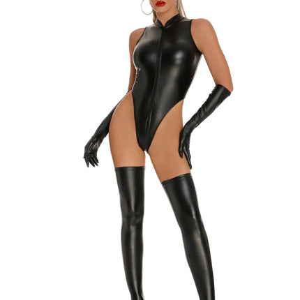 Sexy Women Leather Catsuits With Long Stocking Gloves High Cut Wetlook Latex Bodysuit Lingerie Set Stage Wear Clubwear Overalls