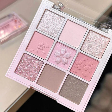 Romantic Pink Flower 9-Colors Glitter Eyeshadow Matte Shimmer Pink Brown Shiny Eye Shadow Girl Makeup Palette Lasting Cosmetic