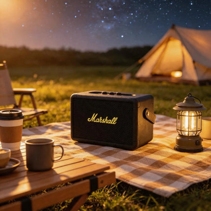 Marshall Kilburn II Portable Bluetooth Speaker, Black Leather Texture, Yellow Logo, Outdoor Stereo Bass Suitable for Hiking Trip