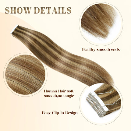 Tape In Human Hair Extensions Brown Highlight Straight 12-22Inch 50g/pack 100% Remy Human Hair Seamless Skin Weft For Women