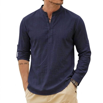 Fashion Mens Linen Shirts Luxury Henley Casual T-Shirts Long Sleeve Cotton T-Shirts Beach Hawaiian Summer Shirt for Men Gym Man