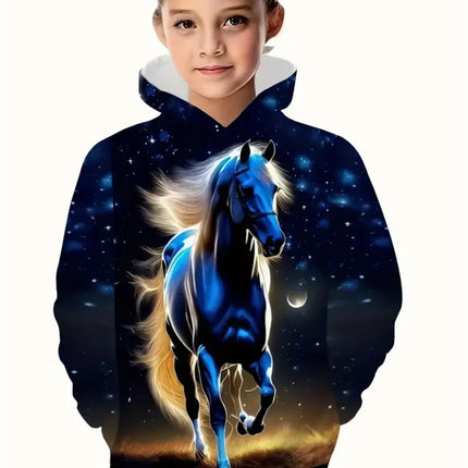 Cool Horse Girl Clothes Animals 3D Print Autumn Long Sleeve Hoodies Loose Lightweight Sweatshirt Comfortable Children's Clothing