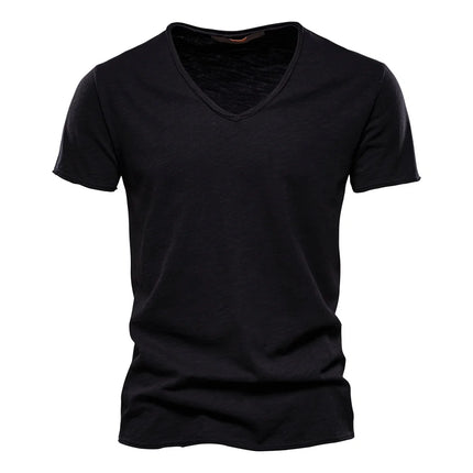 Brand Quality 100% Cotton Men's T-shirt V-neck Fashion Design Slim Fit Solid T-shirts Male Tops Tees Short Sleeve T-Shirt For Men