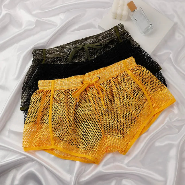 Loose Fit Men's Aro Shorts Mesh Boxer Briefs See through Breathable Underwear Sexy Home Pants