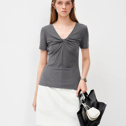 FSLE 2026 Spring Summer Women's Slim Fit V-Neck Short Sleeve Knit Top Mulberry Silk Cupro Blend Shirt for Lightweight Soft Touch
