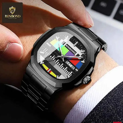 BINBOND Creative TV Dial Men's Watches New Fashion Original Retro Design Luminous Quartz Wristwatch For Men With Calendar Week