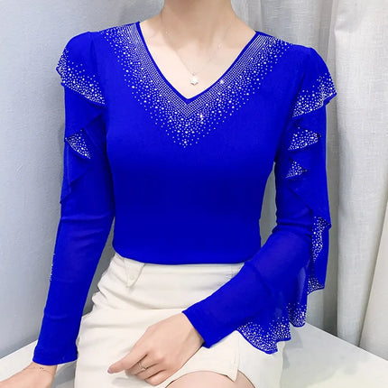 2025 Autumn New Style Mesh Tops Korean Fashion Round Neck Ruffles Shirt Lotus Leaf Edge Hot Diamond Long Sleeve Women T Shirt