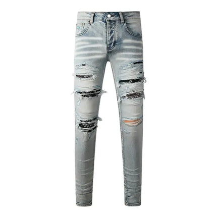 Fashion Americans Brands Men's Jeans Luxury Streetwear Holes Long Trousers Quality Male Stretch Slim Pants Skinny Trousers