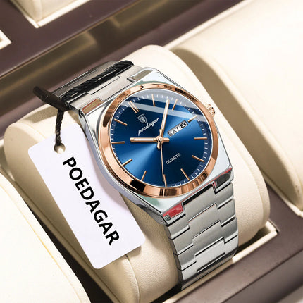 POEDAGAR Luxury Men's Quartz Wristwatch Waterproof Luminous Date Week Man Watch Stainless Steel Business Fashion Watches For Men