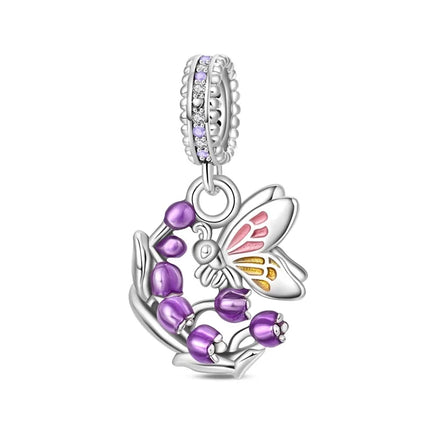925 Sterling Silver Inlaid Heart-Shaped Beads & Rose Dangle Charm Fits Snake Bracelet Boutique Necklace Purple Pendant Gift