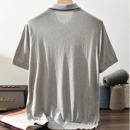 85% Silk+15% Cashmere Men's T-shirt Casual Solid Color Knitted Pullover Short-Sleeved Polo Neck Tees Basic Tops