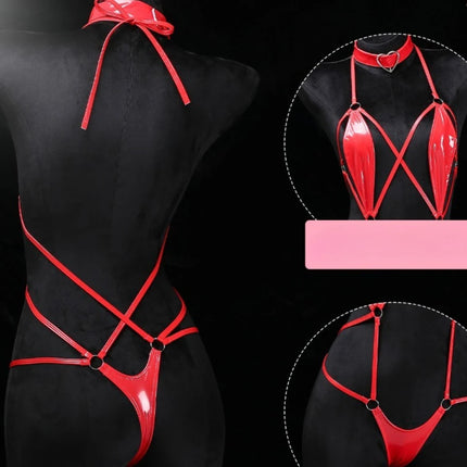 Black Patent Leather Strappy Bodysuit with Heart Choker Sexy Hollow Out Harness Lingerie Fetish Role Play Costume Wet Look Teddy