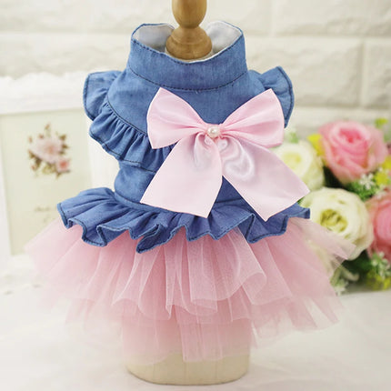 Summer Puppy Clothes Pet Denim Dresses for Small Dogs Pomeranian Chihuahua Dog Kitten Skirt Princess Dress Pink Girls Clothing