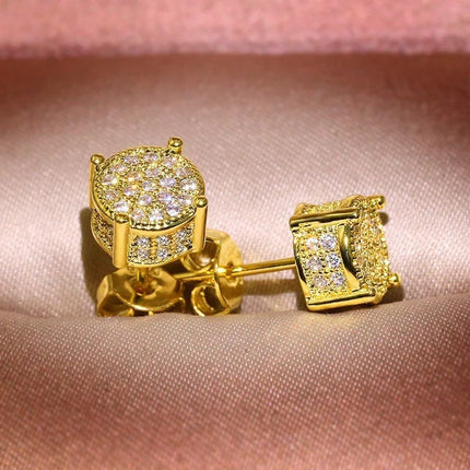 Luxury Gold Color Round CZ Stud Earrings Hip Hop Zircon Stud Earrings Piercing Ear Accessories Hiphop Trend Jewelry