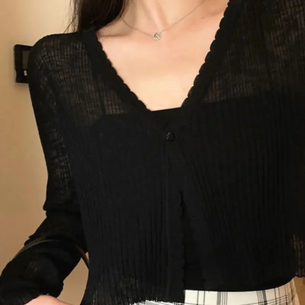 Slim Fit Knitted Long Sleeve Short Cardigan Women's Summer New Style Korean Version Thin Outerwear Pure Color Sun Protection Shi