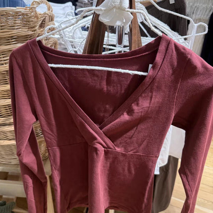 Burgundy Long Sleeve T-shirts Woman Autumn V-neck Cotton Slim Crop Top Casual Simple Solid All-match Basic Tshirts Y2k
