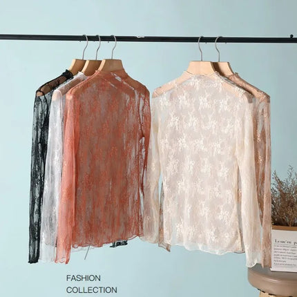 Korea Style Mesh T Shirt Lace Flower under Shirt Long sleeve transparent Tshirt Sexy Black Lace See through Mesh Tee Tops Women