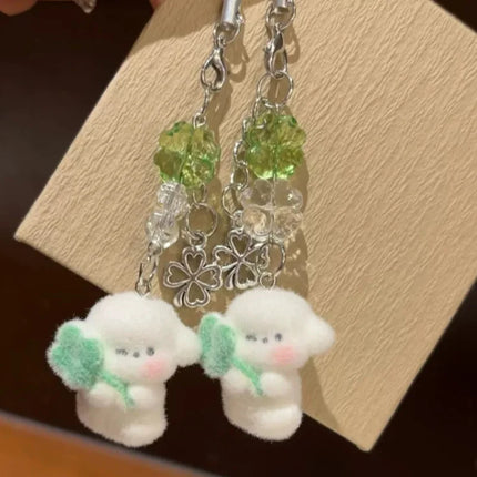 1/2pcs Cute Clover Hug Dog Pendant Keychain Lanyard Flocking Puppy Mobile Phone Straps Pendant Keyring Schoolbag Decorative