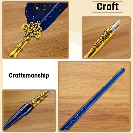 Luxury Fountain Pen Set, Retro Sprinkling Feather Pens Calligraphy Writing Dip Kit with Wax Seal Stamp & Replace Nibs, Gift Box