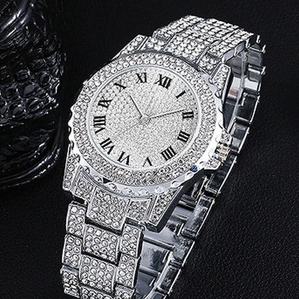 Star-studded stainless steel bracelet diamond-encrusted hip-hop men's watch with water crystal Roman numerals and date display