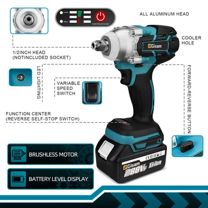 520N.M Brushless Electric Impact Wrench Cordless Electric Wrench 1/2 inch Screwdriver Power Tools for Makita 18V Battery Pins