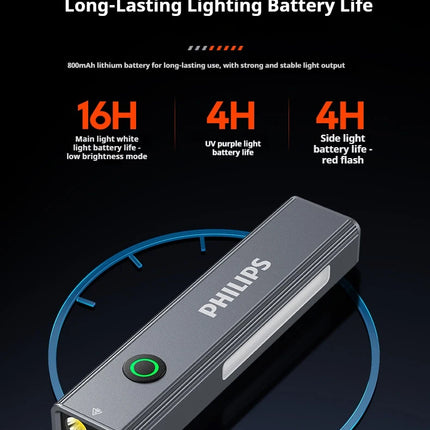 Philips New Flashlight 600LM Supports 3 Type Dimming UV light, Red Laser, 365nm Purple Light, COB,Magnetic Function with a Clip