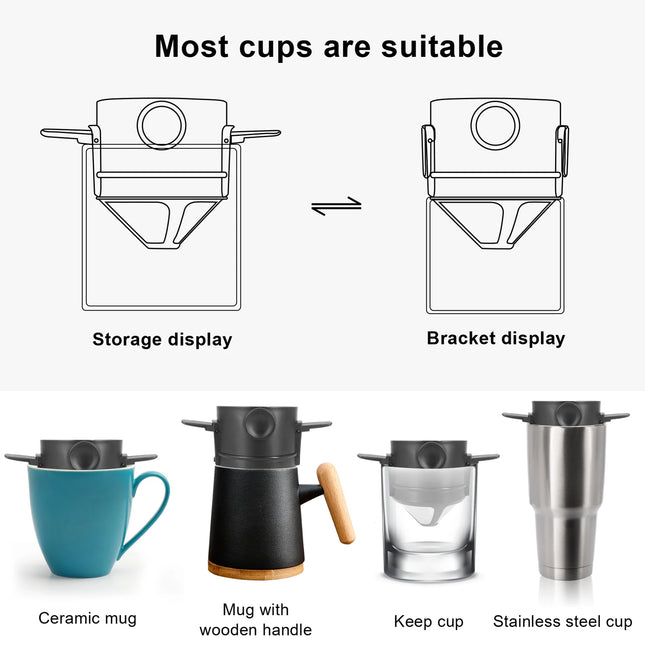 Folding Portable Hand Brewed Coffee Dripper Cone, for Drip Coffee and Tea with Stainless Steel Holder, No Filter Paper Ultra Fin
