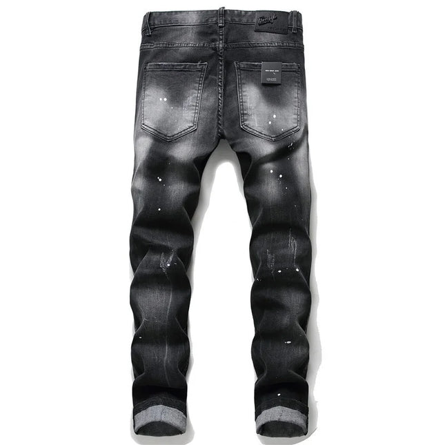 European American Style Fashion Brand Jeans Men Slim Jeans Pants Mens Black Denim Trousers Zipper Blue Hole Pencil Pants Jeans