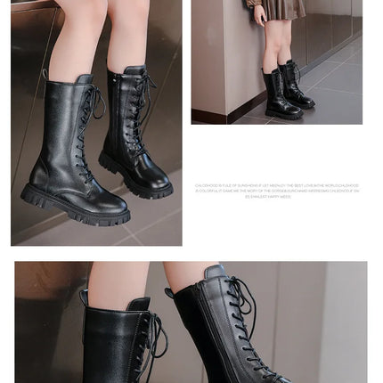 Girls' Boots Autumn Winter British Style Lace Up Long Boots Solid Color Princess Leather Boots Plus Velvet Kids Knight Boot