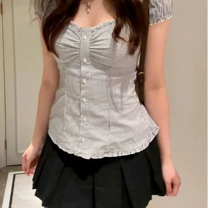 Slim Fit ort Sve irt V-Ne Beautiful Striped Flng Sve Top Trendy Girl's Faion Casual Wear Summer 2025