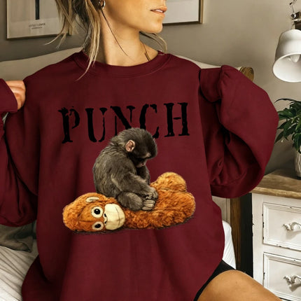 Punch Cozy Kawaii Autumn and Winter Sweatshirt Baby Monkey and Plush Toy Animal Lover Gift Cute Viral Matching Hoodies Pullover