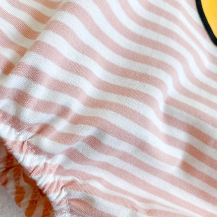 Summer style baby girl jumpsuit with cotton short sleeves, smiley face printed stripes, and a climbing suit