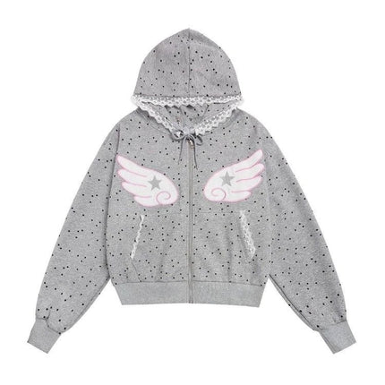 Y2K Polka Dot Light Gray Zip Up Sweatshirt Women Harajuku Cute Wings Graphic Loose Fit Hoodie Goth White Lace Trim Short Hoodie