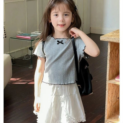 Girls' 1-12Y Korean-Style Knitted Lace-Trimmed Short-Sleeve Summer Ruched Tops: Trendy, Breathable, Bow Tie, Versatile Tee