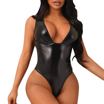 Sexy Lingerie Faux Leather Bodysuit Women Crotchless Underwear Sleepwear High Cut Thong Bodysuit Lenceria Erotic Sexi Costumes