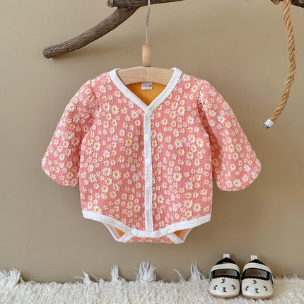 Autumn New Long Sleeved Cute Vibrant Floral Printed Newborn Baby Girl Clothes Toddler Polyester Bodysuit Romper