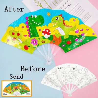 Painting Summer Fan DIY Toys For Children Cartoon Animal Color Graffiti Origami Fan Art Craft Toy Creative Drawing Kids